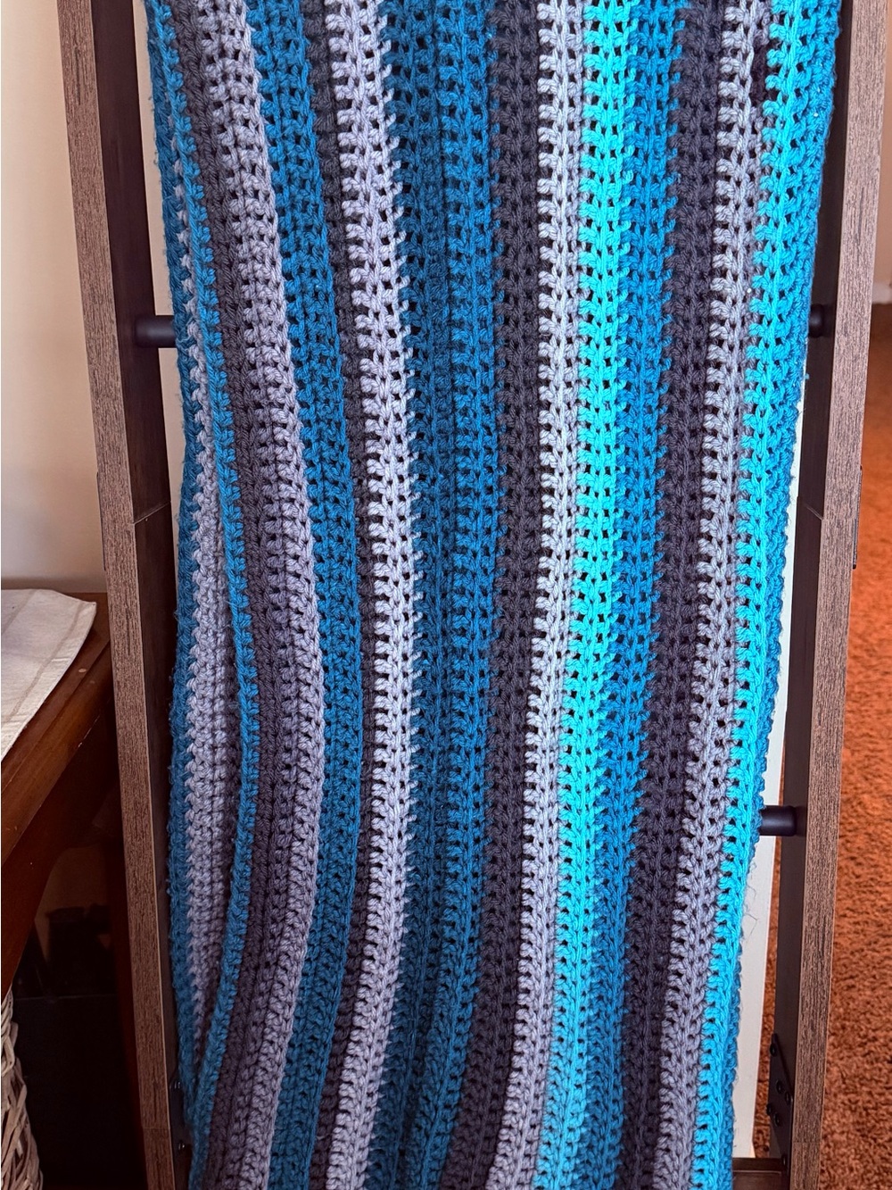 Handmade Blue and Gray Striped Crochet Throw Blanket